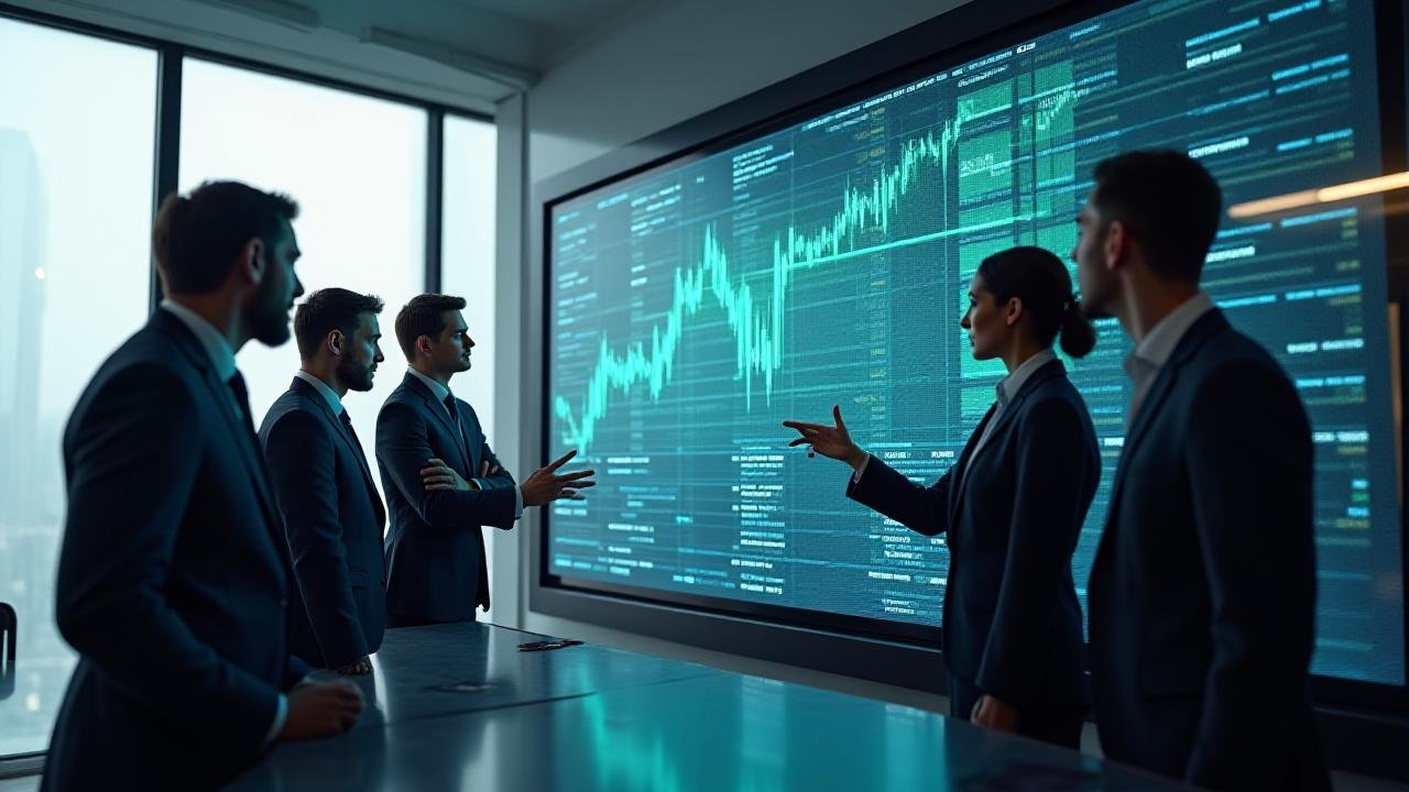 Diverse team of financial and tech experts collaborating on advanced cryptocurrency analysis at Glacial Insights office