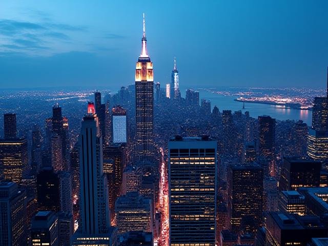 New York City skyline at dusk, showcasing modern financial architecture and vibrant city life
