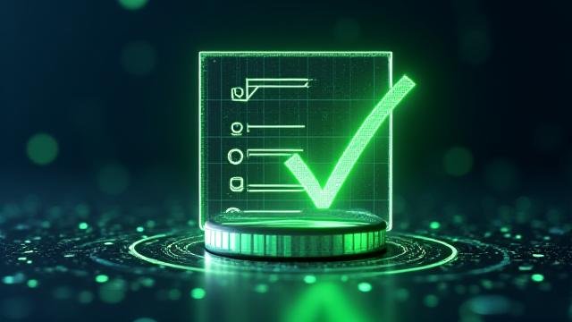 Checklist illustration over a stylized crypto token, indicating project evaluation