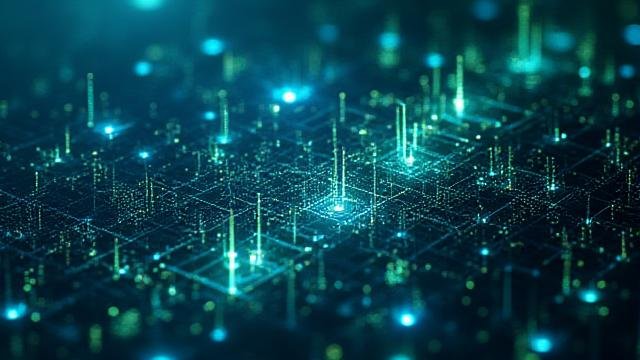 Visual representation of on-chain data flows with interconnected blocks and subtle glowing lines
